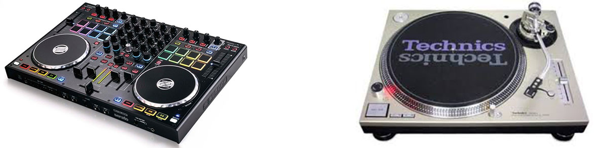 Numark DJ control surface and technics DJ turntable.